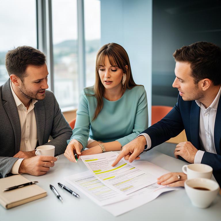 Business owners and a document specialist reviewing a marked-up commercial agreement at a Cork office meeting table